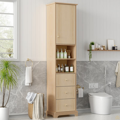 67.7" Tall Freestanding Bathroom Cabinet, Traditional American Style, 1 Door with Adjustable Shelf, 3 Drawers, Open Storage