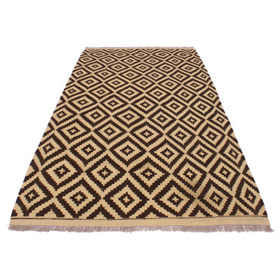 Madee Geometric Handmade Rectangle 4'2" x 6'7" Wool Area Rug in Beige/Dark Brown
