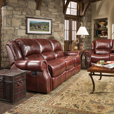 Lekendra 100% Genuine Leather Double-Reclining Sofa, Small Couch with Nailhead Trim, Plush Deep-Seating Couches