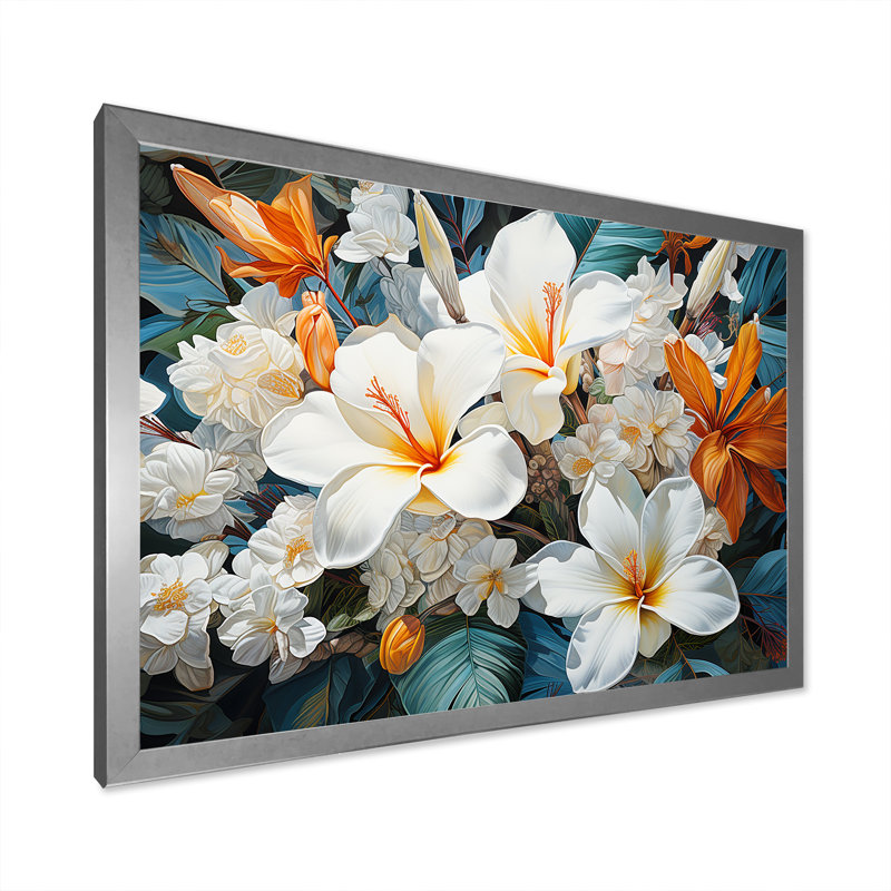 Fleur de plumeria beige et blanche, H 24 po x l 32 po x P 1 po, Cadre simple argenté