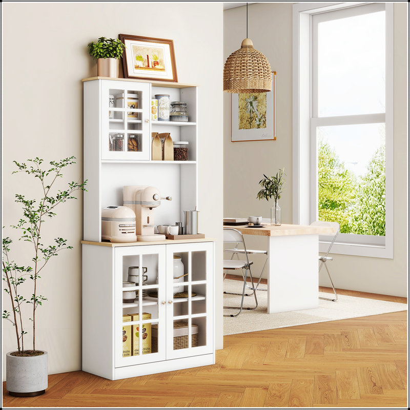 Armoire de cuisine autoportante avec huche, grand comptoir et tablettes réglables pour un rangement organisé