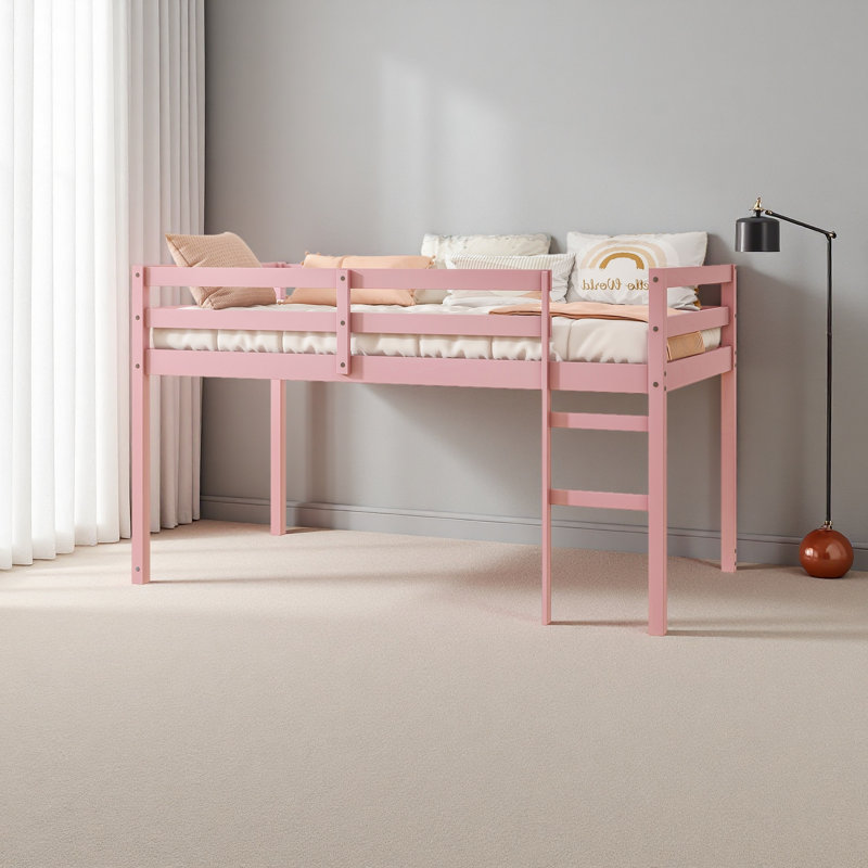 Solid Wooden, Rubber Wooden Twin Loft Bed With Ladder, Bed Platform Of Strengthened Slats, Pink