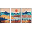 Soleil orange sur une montagne bleue, forêt et lac, paysage rustique, coloré, 3 pièces-94434623-94434624