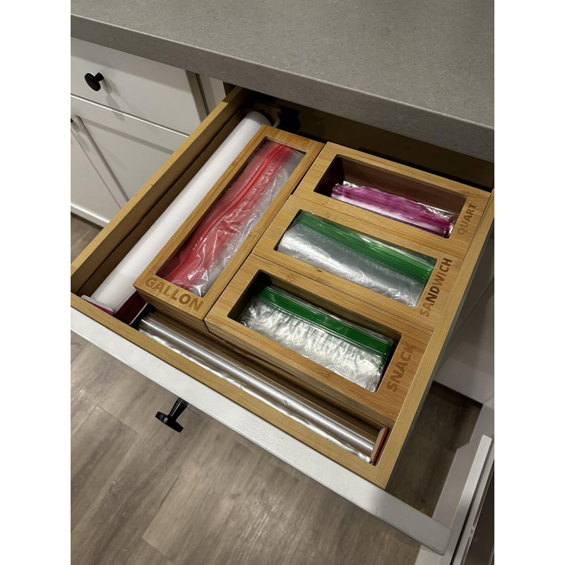 Bamboo Bag Holder & Dispenser – Kitchen Drawer Organizer for Ziploc Bags, Fits Gallon, Quart, Sandwich & Snack Sizes