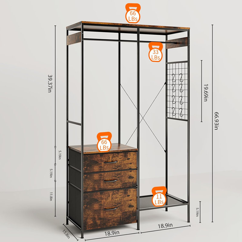 67” Clothes Rack With 3 Drawers, Multi-Function LED Light Hanging Rack With Drawers