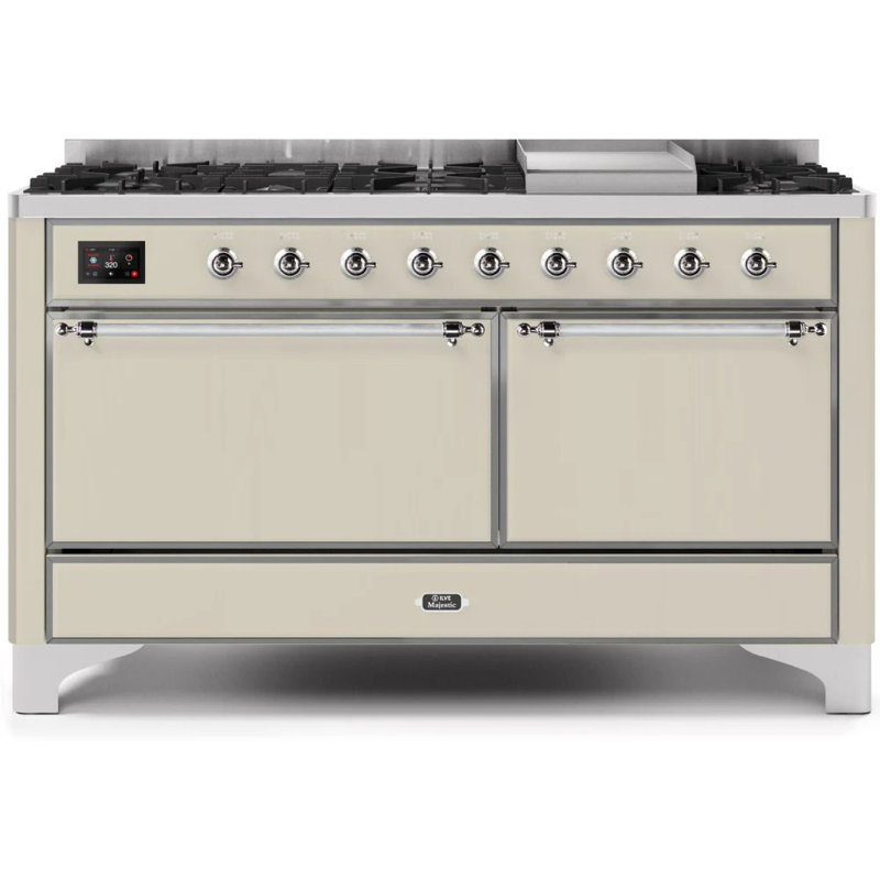 ILVE UM15FDQNS3BKCLP Majestic II 60 inch Dual Fuel Range with 9 Burners, Griddle (Liquid Propane, Solid Door, Glossy Black, Chrome)