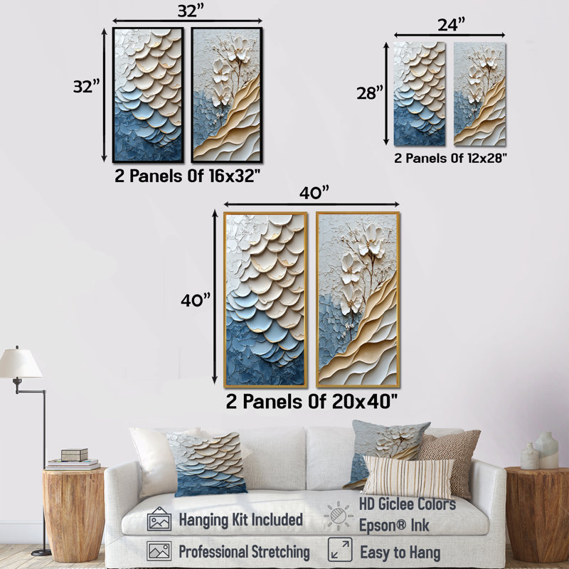 Ensemble de 2 pièces d'art mural blanc et bleu, Ne s’applique pas, Toile tendue sur cadre, H 28 po x l 24 po