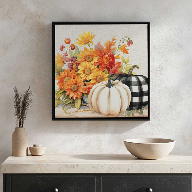 «Fall Flowers and Pumpkins» par Nicole DeCamp, reproduction d'art, L 12 po x H 12 po, Doré, Toile avec cadre