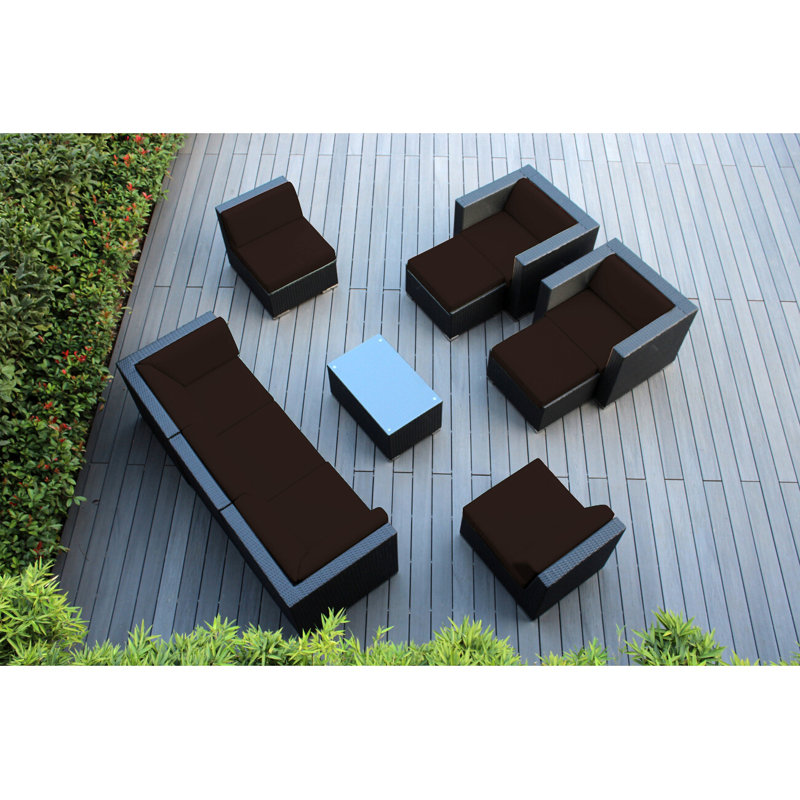 Kiara Wicker 7 - Person Seating Group with Cushions - No Assembly, Canvas Jockey Red Sunbrella® Canvas, Black