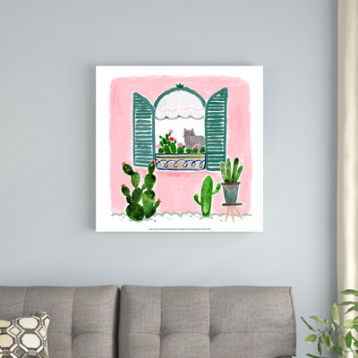 Chat et cactus, reproduction de fenêtre sur toile