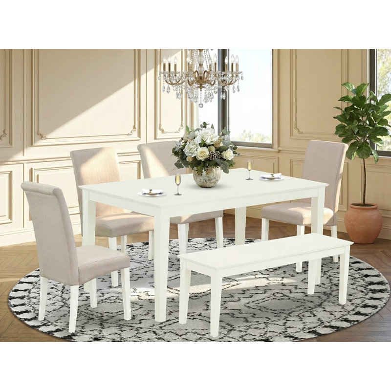 6 Piece Kitchen Table Set Contains a Rectangle Dining Table and 4 Cream Linen Fabric Parson Chairs with a Bench, Linen White