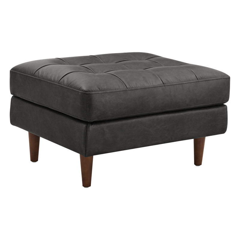 Geo 30'' Genuine Leather Tufted Upholstered Ottoman, Black