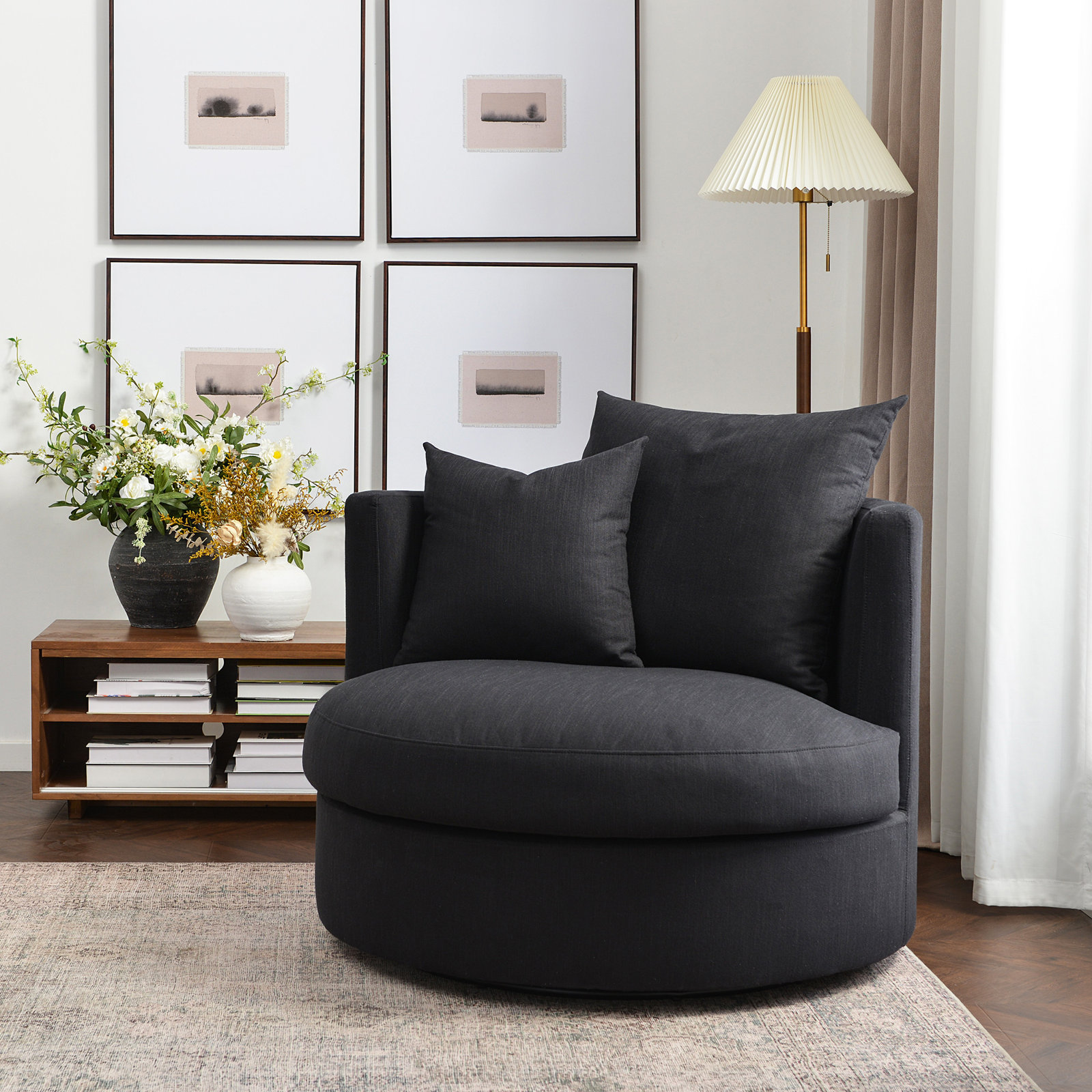 Down Filled Swivel Barrel Chair, Black Performance Fabric
