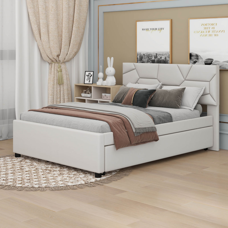 Lit plateforme tapissier avec lit gigogne, Beige, Double, No Storage Included