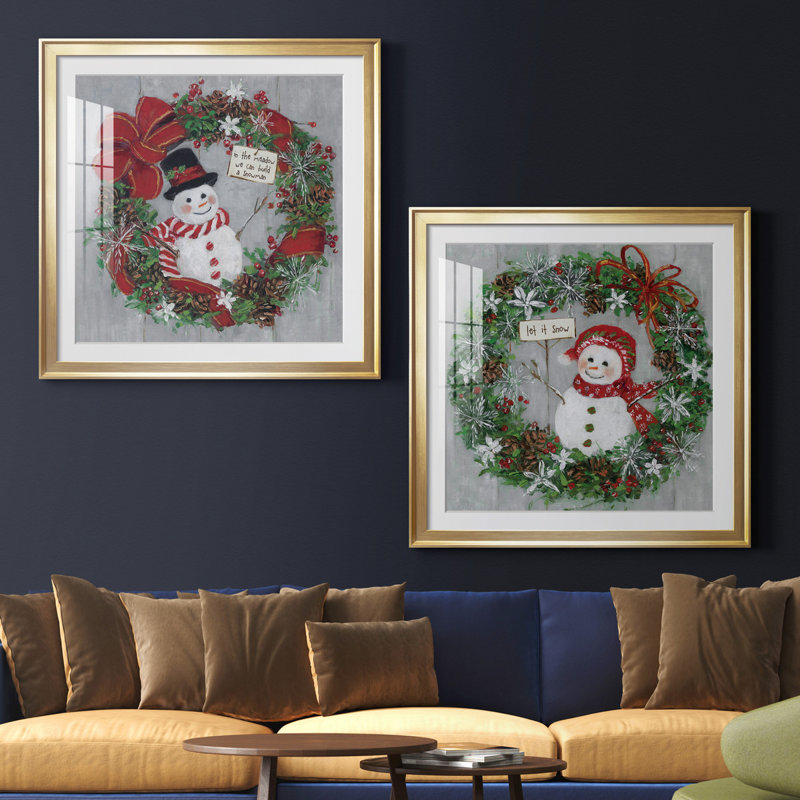 " Mr. Snowman " 2 - Pieces, 26.5" H x 26.5" W x 1" D, Gold Framed Paper, White