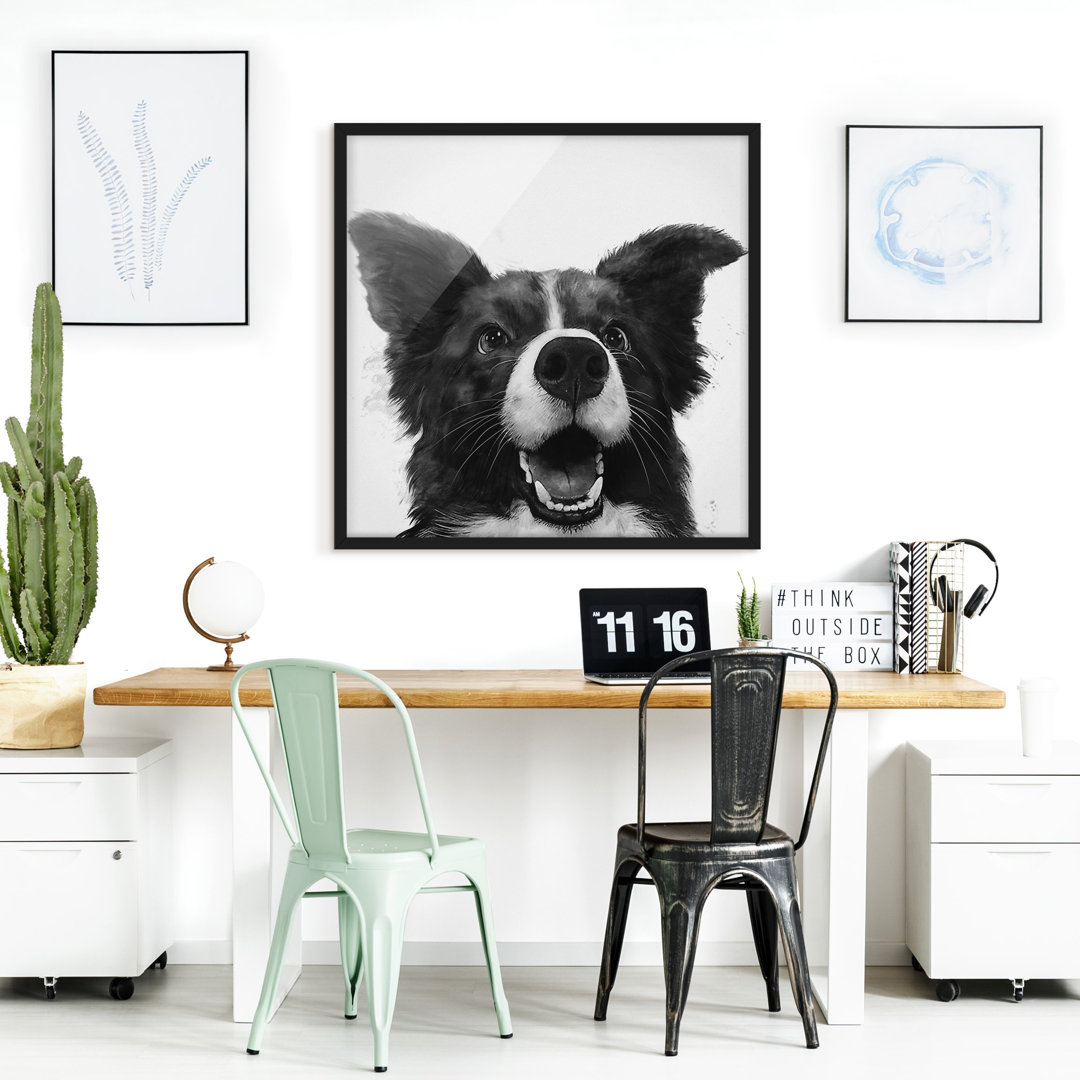 Gerahmter Fotodruck Illustration Dog Border Collie Black White