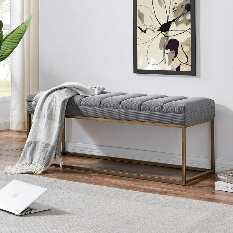 Light Gray Polyester Upholstered Bench with Brushed Gold Steel Base