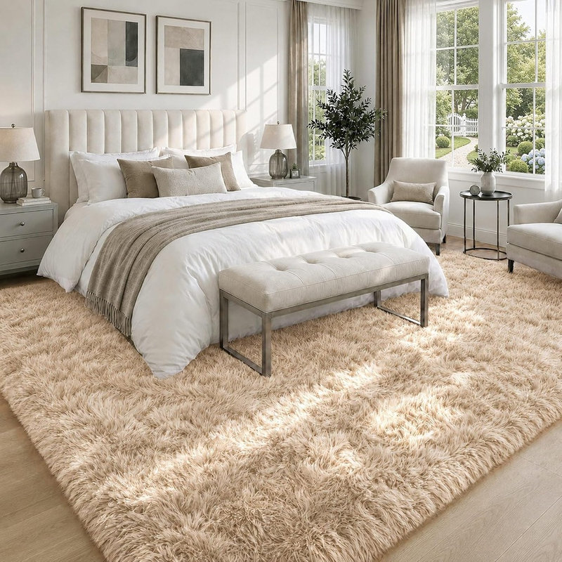 Tapis shaggy doux et moelleux couleur camel pour salon et chambre