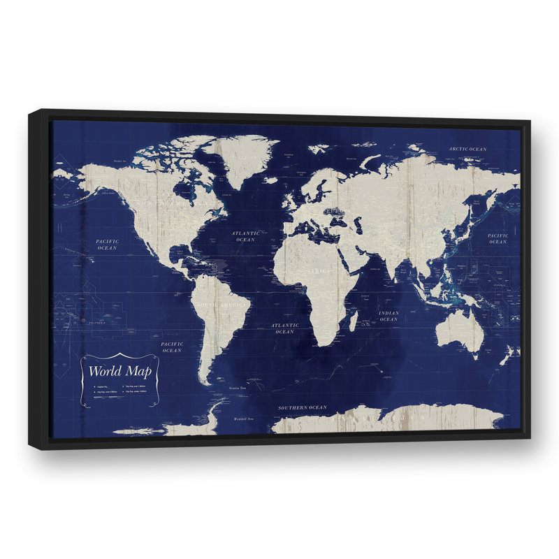Carte du monde bleu marine encadrée sur toile, L 35,75 po x H 13,75 po
