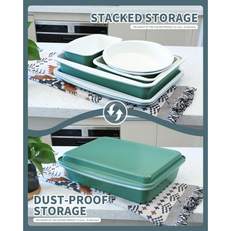 33-Piece Ceramic Nonstick Bakeware Set –  Includes Cookie Sheets, Round Pans, Loaf Pan, 12 & 6 Cup Muffin Pans, Roasting Pan & 24 Cupcake Liners, Stackable Storage， Dishwasher Safe,-Ready