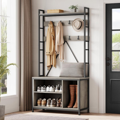 Portemanteau 5-en-1 avec banc - Portemanteau autoportant avec 17 crochets, tiroirs, tablette supérieure, rangement pour chaussures - Rangement industriel pour vestibule, vestibule, chambre - gris