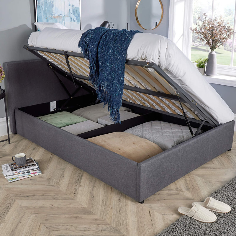 Oyibo Upholstered Grey Gas-lift Ottoman Storage Bed, 150 x 200 cm