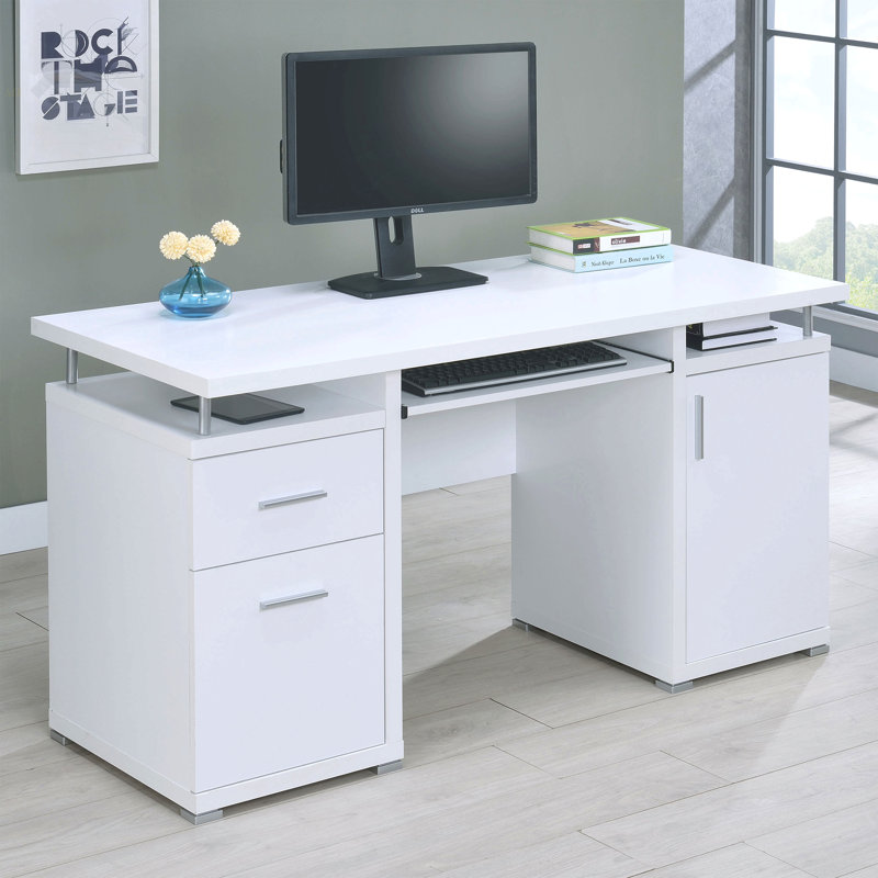 Bureau d'ordinateur blanc avec 2 tiroirs et armoire Rochelle, Blanc