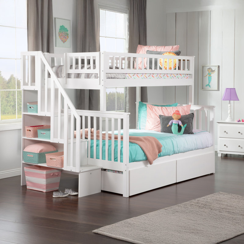 Lit superposé en bois avec escalier et tiroirs Ilariana, Simple sur double, Blanc