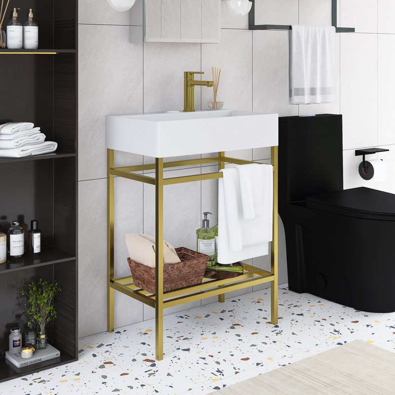 24" Bathroom Vanity With Ceramic Basin, White, Gold