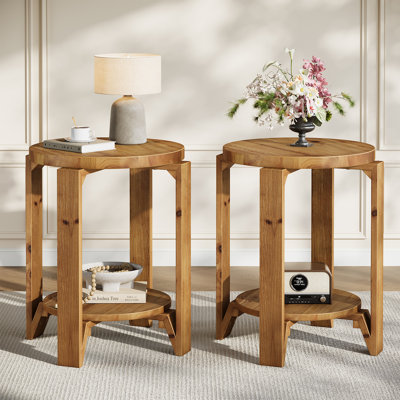Ensemble de 2 tables de bout rondes à 2 niveaux en bois massif pour le salon et la chambre à coucher