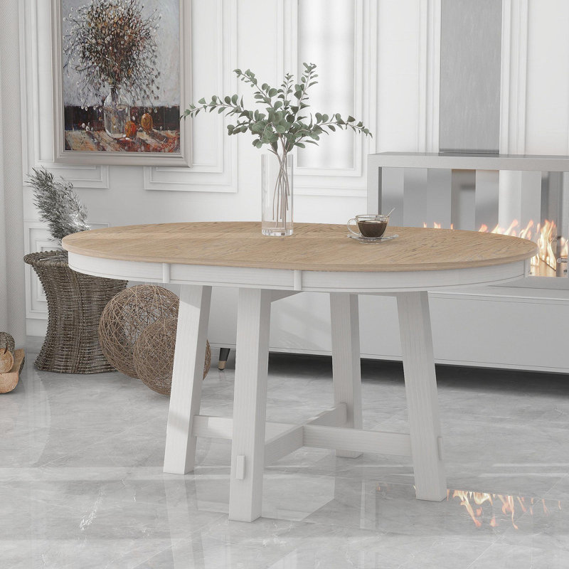 Farmhouse Round Extendable Dining Table With 16" Leaf Wood Kitchen Table (Oak Natural Wood + Antique White), Oak Natural Wood