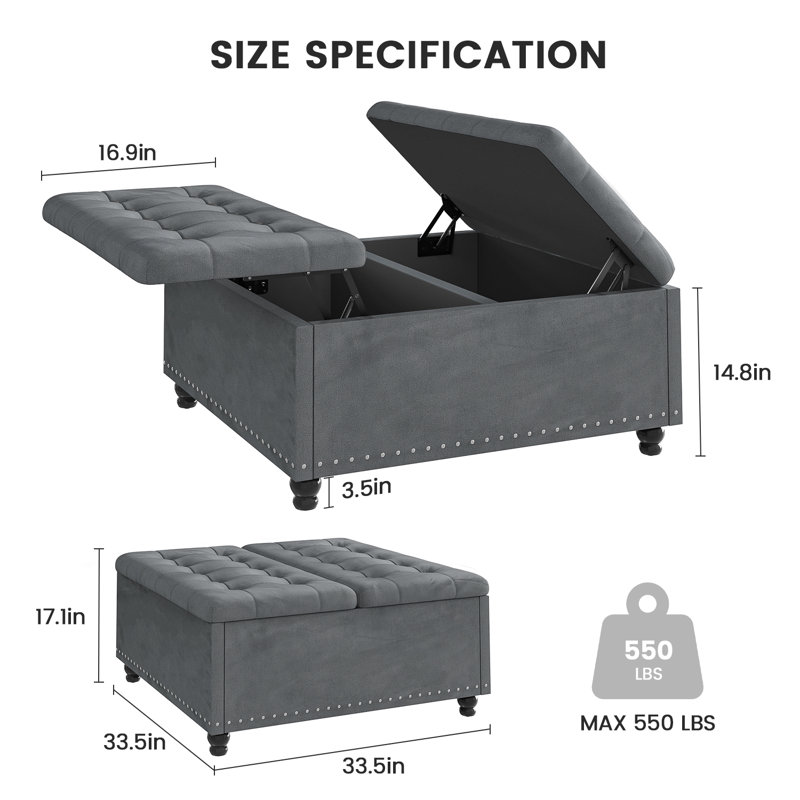 33.5"W Upholstered Square Coffee Table Storage Ottoman With Split Lift Top, Gray