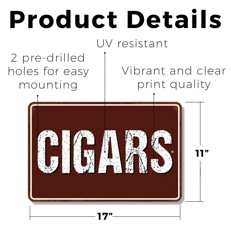 Cigars 11 Inch x 17 Inch Plastic Sign, 11" H x 17" W x 0.1" D