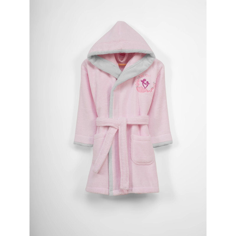 Peignoir 100% coton mi-mollet avec poches et capuche pour enfants, Rose/gris, Enfants G