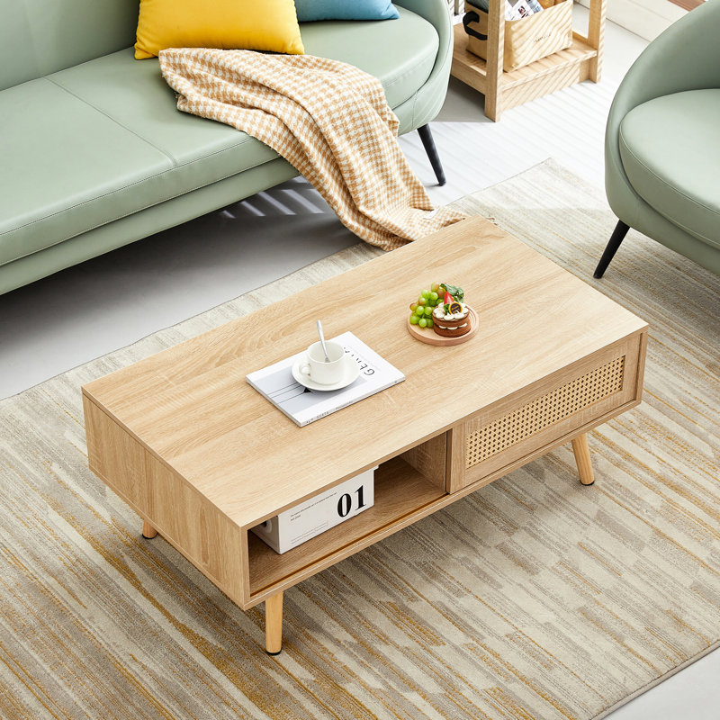 Table basse de 40,51 po, pieds en bois massif, attrait naturel pour le rangement intérieur de la porte coulissante du salon