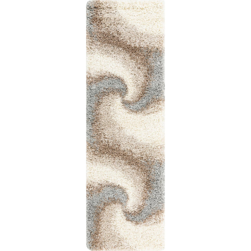 Tapis abstrait en polypropylène tissé à la machine gris / brun / blanc Aiah, Tapis de couloir 2 pi x 6 pi 7 po