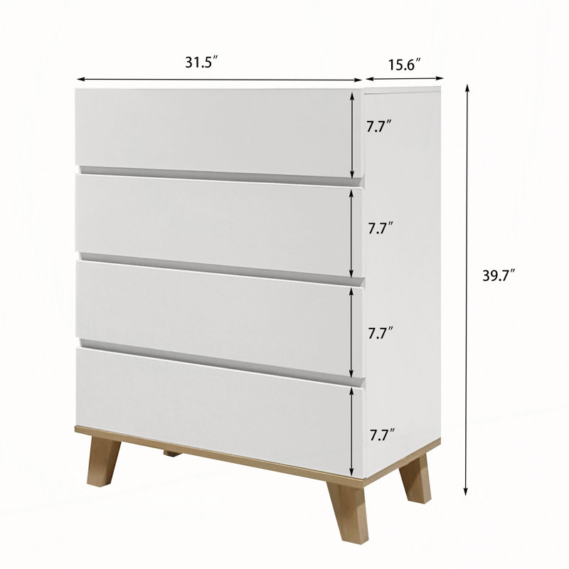 Commode blanche minimaliste à 4 tiroirs avec pieds en bois massif, conception sans poignée