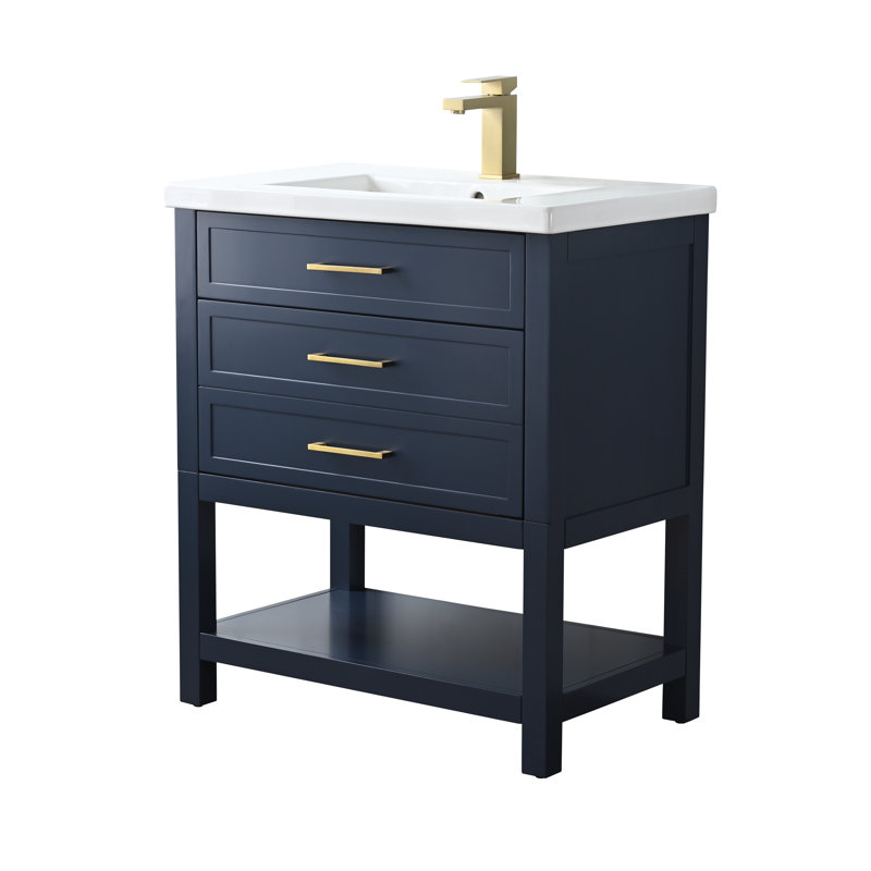 Meuble-lavabo simple 30 po avec comptoir en céramique Vicini, Bleu indigo / or brossé