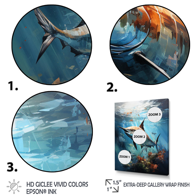 «Fishing Majestic Marlins III», reproduction sur toile, H 40 po x l 30 po x P 1,5 po, Cadre flottant blanc