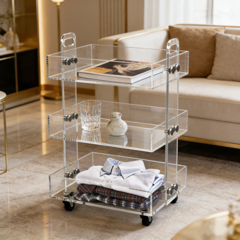 Table de bout à 3 niveaux en acrylique transparent avec roulettes verrouillables - Table d'appoint de rangement multifonctionnelle pour le salon, la chambre à coucher et la cuisine