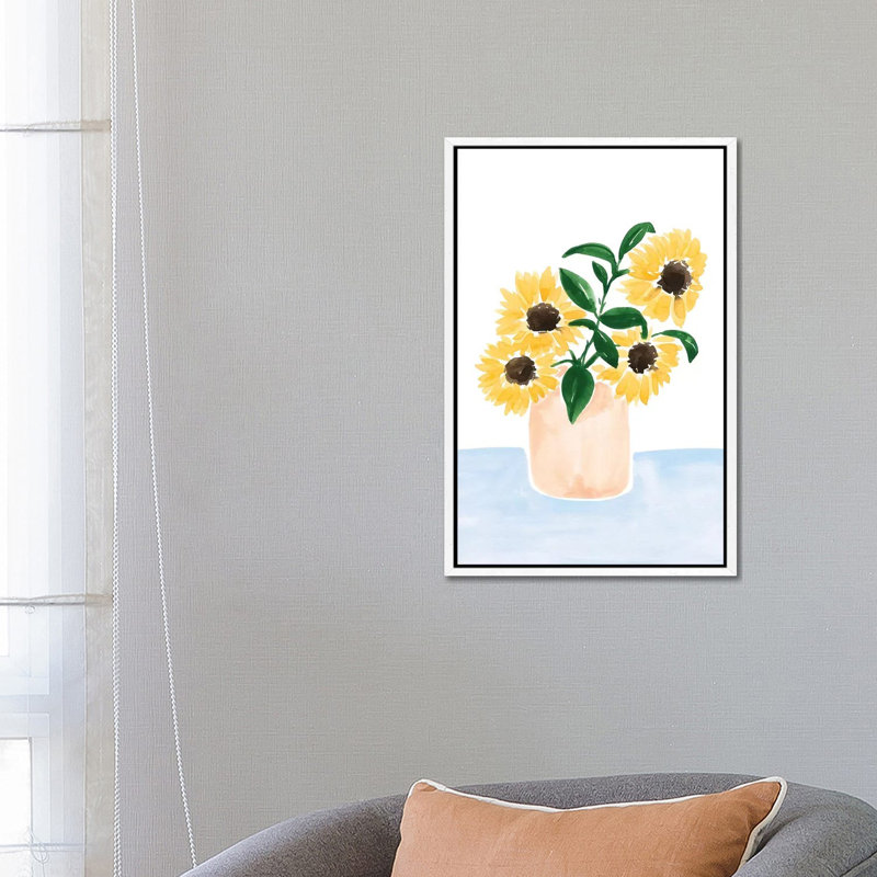 Sunflowers In A Vase by Sabina Fenn - Painting on Canvas, 66.04cm H x 45.72cm W x 3.81cm D, White Floater Framed
