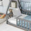 Twin Tent-Shaped Floor Bed, Teepee Bed With Guardrails, Slats,Grey