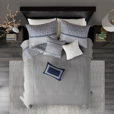 Ensemble de literie réversible luxueux, jacquard de coton bleu marine, double / grand