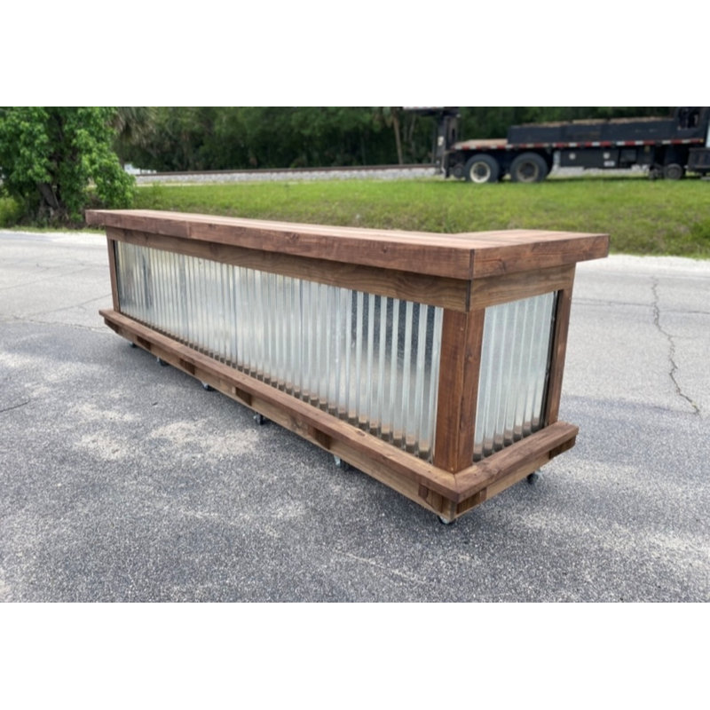 Intrepid 8x3 U-Shape Home Bar with Corrugated Metal Front, Two-Tier Bartop and Storage Shelves