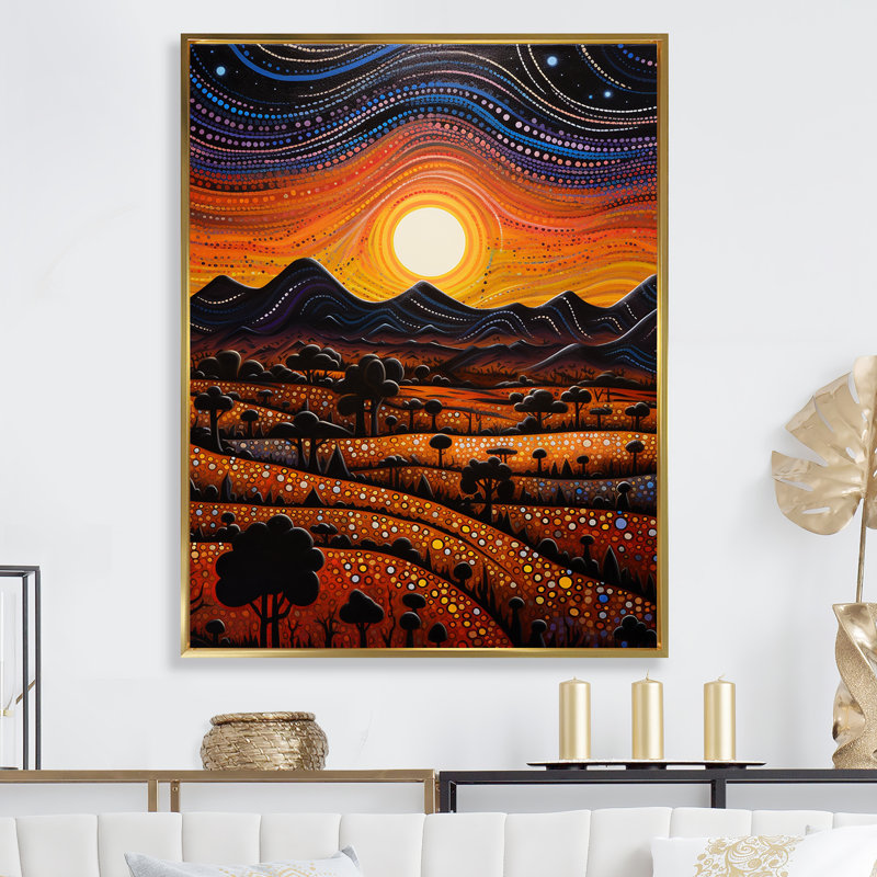«Native Ancestral Sunrise Landscape I», reproduction sur toile, Cadre flottant doré, H 20 po x l 12 po x P 1 po