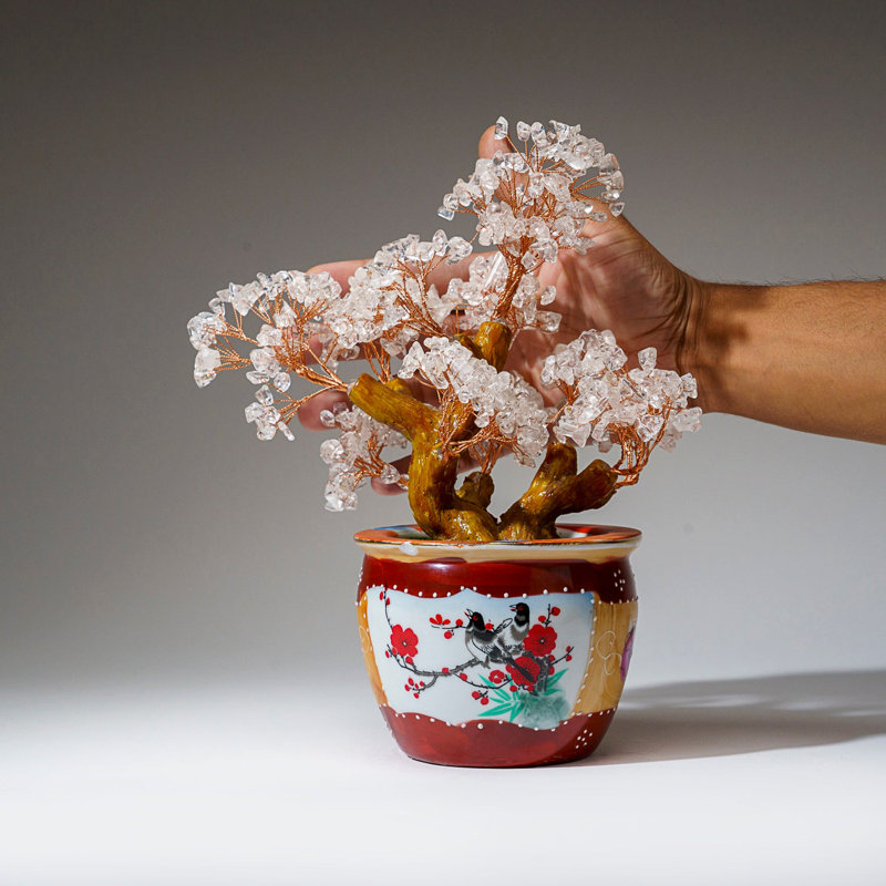 Véritable bonsaï quartz clair transparent dans un pot en céramique rond (11 € de hauteur)
