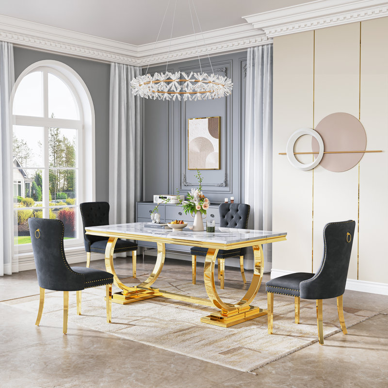 Rectangular 70.1"L X 35"W Dining Set, Black/Gold, White/Gold, 5 Pieces: Table, 4 Chairs