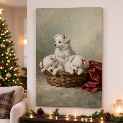 Chiots dans un panier, tableau sur toile tendue, 50 x 75 cm, décoration murale moderne pour salon et chambre