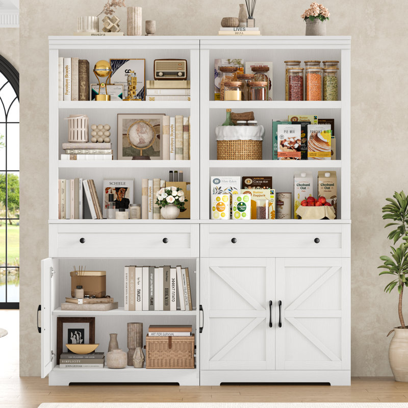 📚【2-Pack Set】Farmhouse Bookcase With X-Design Door & Drawer – Rustic Storage Cabinet For Living Room, Study, Kitchen