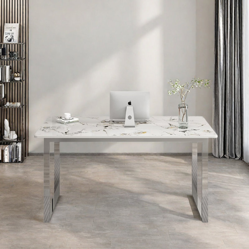 Bureau en acier inoxydable Minimalist, H 29,52 po x l 55,11 po x P 31,49 po, Blanc / Gris